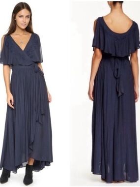 Free People Navy Cold-Shoulder Wrap Maxi Dress